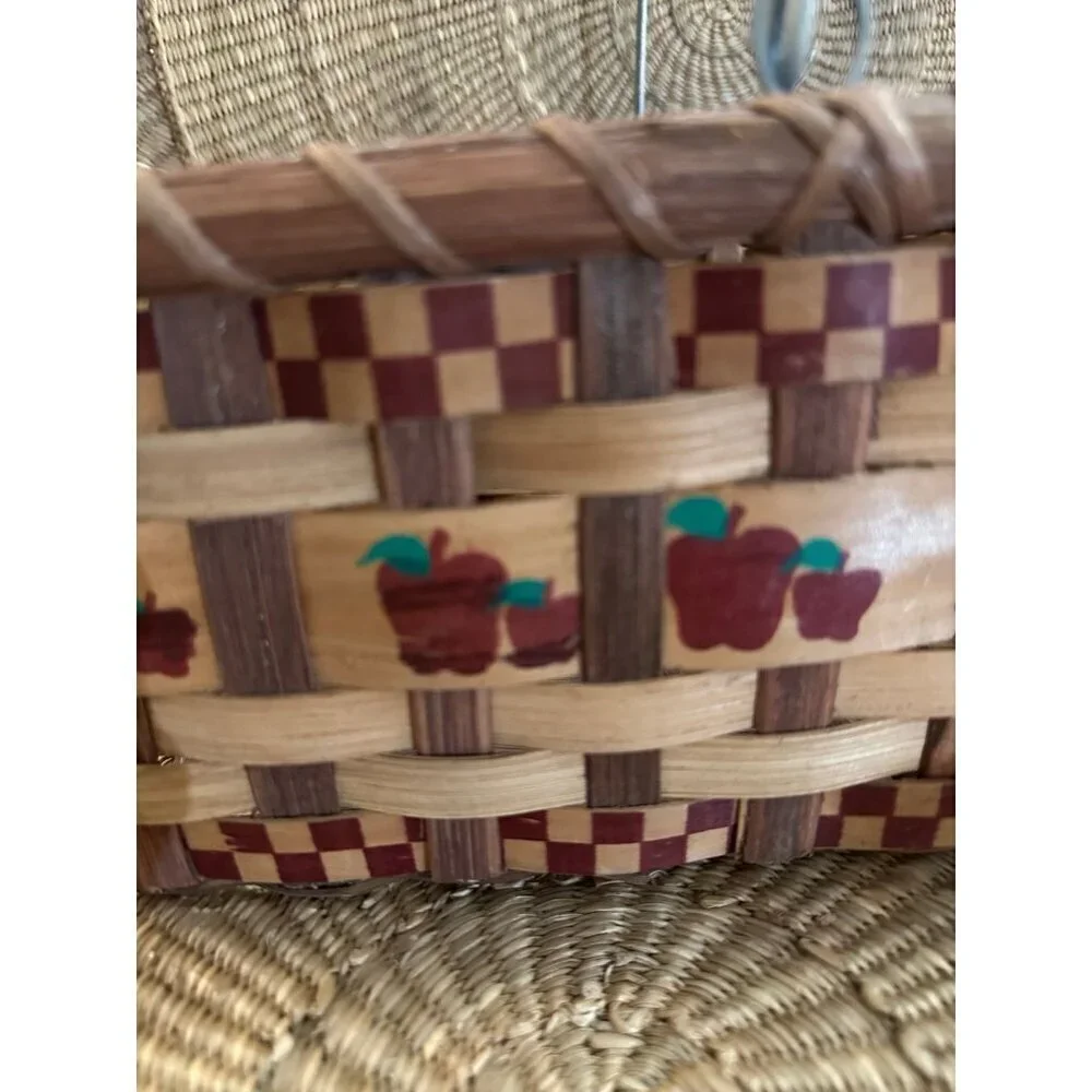Vintage Woven Basket with Apple Design & Wooden Handle